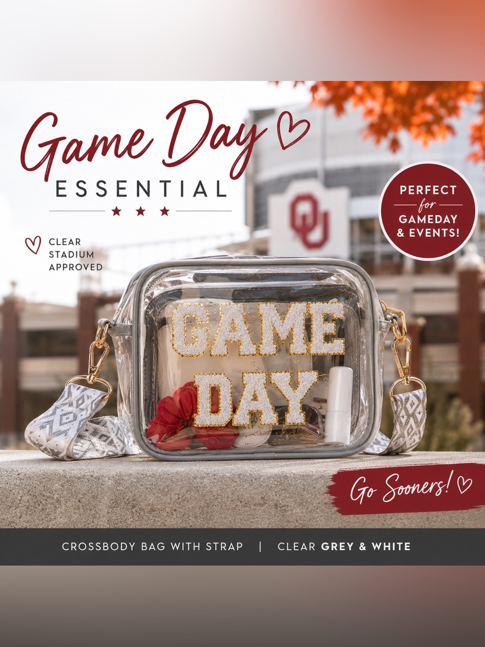 Clear grey and white Game Day stadium Gameday Crossbody Bag with Strap